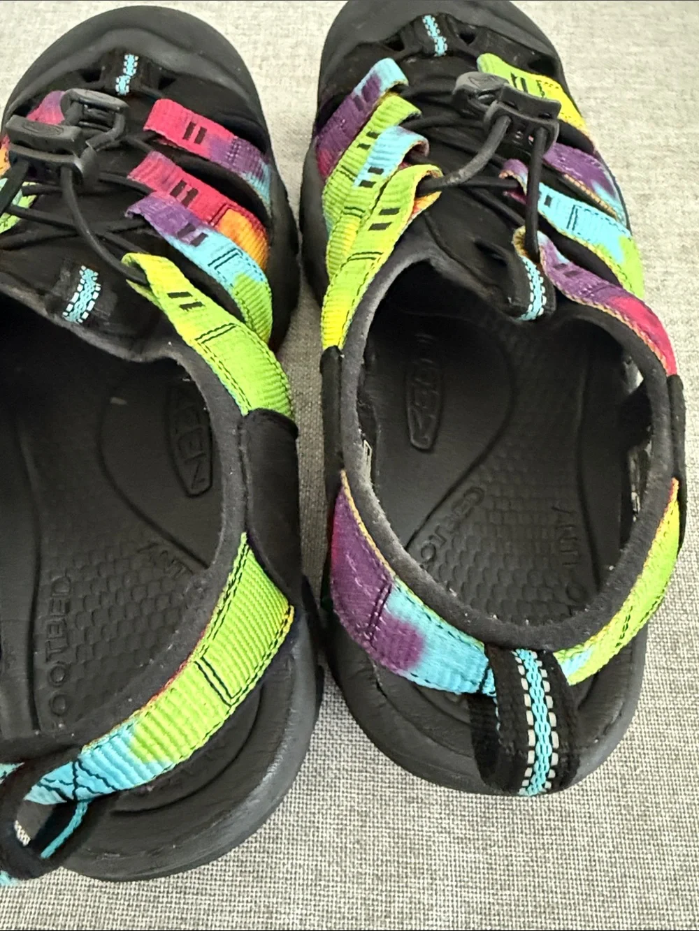 Keen Men's Black Sandals with Rainbow Tie-Dye Straps
